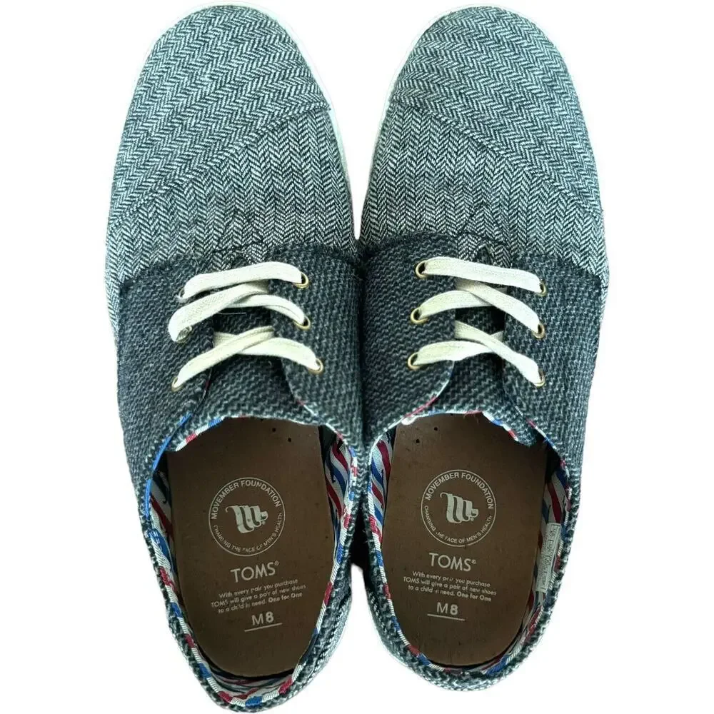 TOMS Mens Mustache Sneakers Gray Herringbone Lace Up Low Top Flat Heel Casual 8